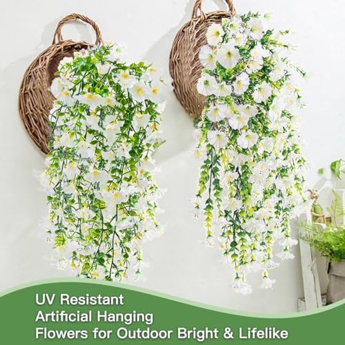 Artificial Flowers for Outdoors Fake Morning Glory Hanging Flower Decoration, 6 Pcs Realistic Faux Plants Petunias Trailing Vines, Spring Summer Decor for Porch Patio Balcony Planter Yard(White) - Image 4