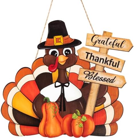 Thanksgiving Decoration Wooden Turkey Pumpkin Door Wreath for Front Door Sign Wall Signs, Thankful Blessed Grateful Pumpkin Sign Hanging for Fall Autumn Harvest Home Halloween Decoration - Image 7