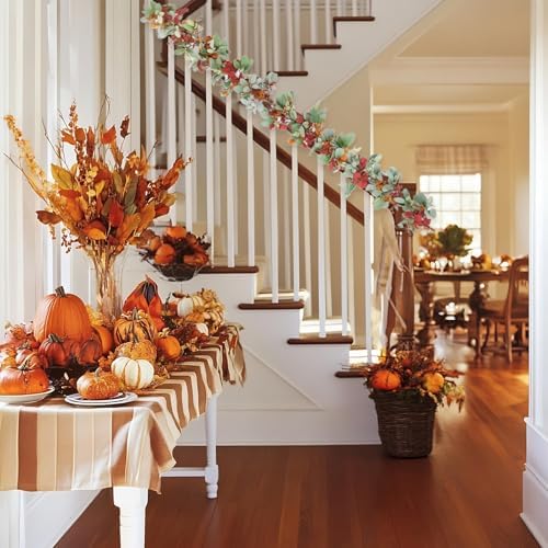 Artificial Fall Wreath for Front Door, Autumn Garland with Lambs Ears Leave Eucalyptus Leaves Berry,Fall Garland for Indoor Outdoor Farmhouse Home Wall Window Festival Decor - Image 7