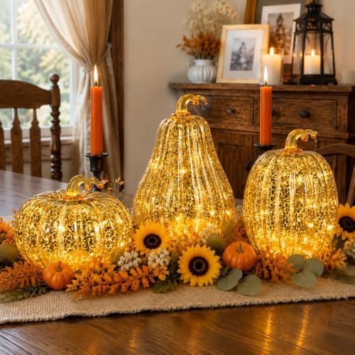 Bdor Mercury Glass Pumpkin Light, Fall Harvest Thanksgiving Halloween Decor - Image 4