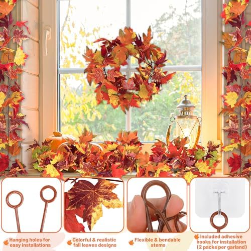 2Pack 11.8FT Fall Maple Leaf Garland for Mantle Thanksgiving Decorations - Image 3