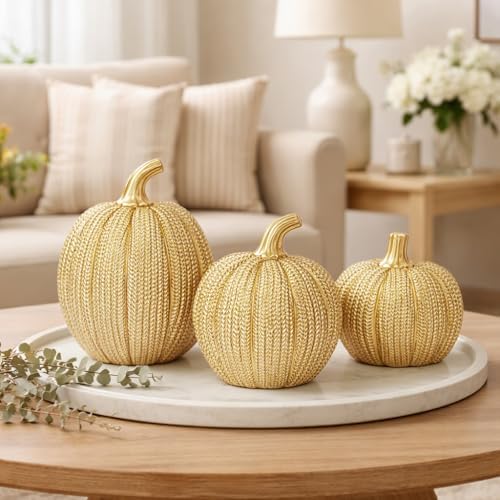 Pumpkin Fall Decor Indoor Fall Pumpkin Decorations 3Pcs Pumpkins Decor Thanksgiving Table Centerpiece Artificial Pumpkins Figurines for Autumn Harvest Home Decor Shelf Accent Decorating (Gold) - Image 2