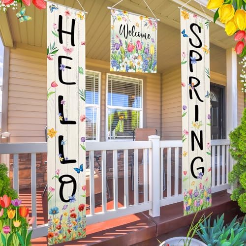 VitalCozy 3pcs Hello Spring Floral Porch Banner Welcome door Hanging Banner Colorful Floral Butterflies Porch Sign Decorations for Yard Indoor Outdoor Decorations - Image 7