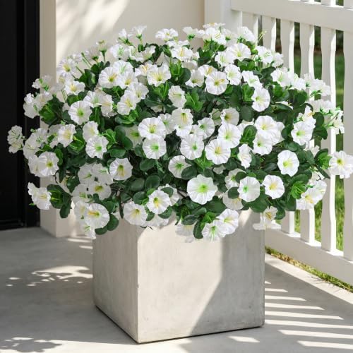 HyeFlora Artificial Flowers for Outdoors Fake Plants Outside Decoration, 4 Bundles Silk White Morning Glory UV Resistant Look Real Faux Flowers for Planter Front Door Porch Patio Yard Gardens Balcony - Image 4