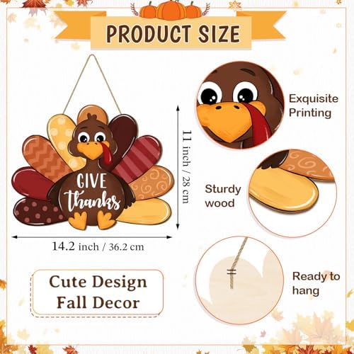 Give Thanks Turkey Door Sign Thanksgiving Decorations, Cute Turkey Welcome Wooden Hanging Sign, Wood Autumn Fall Harvest Thankful Wall Plaque Wreath Hanger Decor for Home Yard Porch Brown - Image 2