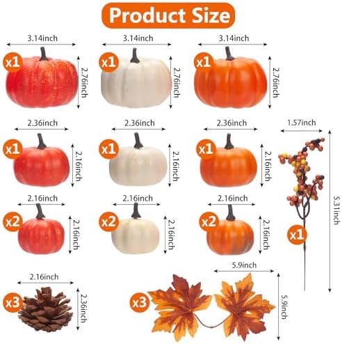 Pumpkin Decor Set, 22 PCS Fall Harvest Decorations - Orange Artificial Pumpkins, Pine Cones, Berries, Maple Leaves for Bowl Filler Tiered Tray Thanksgiving Halloween Baby Shower Wedding Wreath - Image 3