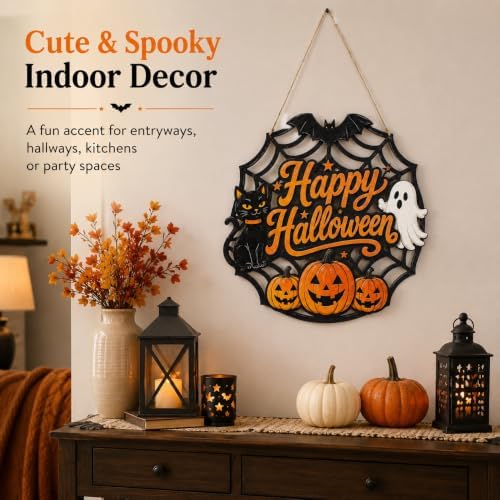 Happy Halloween Door Sign, Wooden Spider Web Front Door Hanger with Black Cat, Ghost & Pumpkins, Farmhouse Halloween Decorations for Front Door, Porch, Entryway, Wall Decor, Seasonal Hanging Sign - Image 5