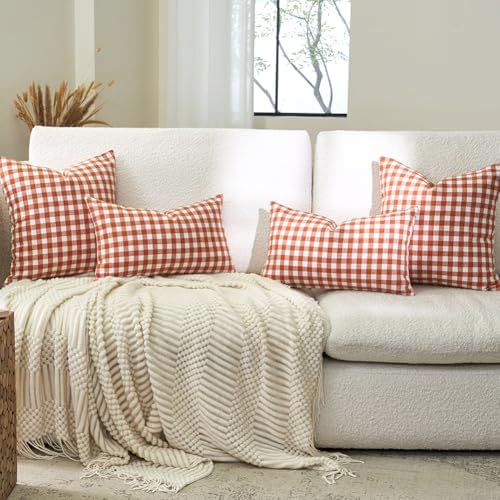 Fall Orange Plaid Gingham Euro Pillow Sham Covers 26x26 Set of 2 for Couch - Image 5