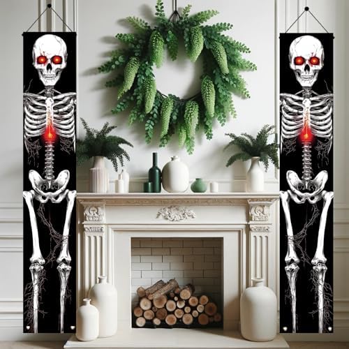 2PCS Red-Eyed Skeleton Halloween Porch Banners 71 x 12 Inch Scary Skeleton Door Decorations for Haunted House Entryway Spooky Halloween Wall Hanging Outdoor Yard Party Front Door Decor - Image 7