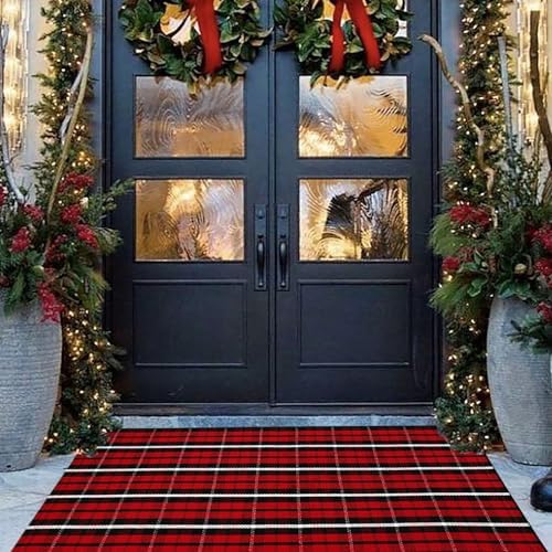 Buffalo Plaid Outdoor Rug, 3' x 5' Christmas Red & Black Check Indoor/Outdoor Area Rug, Layering Rug for Hello/Welcome Door Mat, Machine Washable Cotton Woven Farmhouse Mat for Front Porch Décor - Image 4
