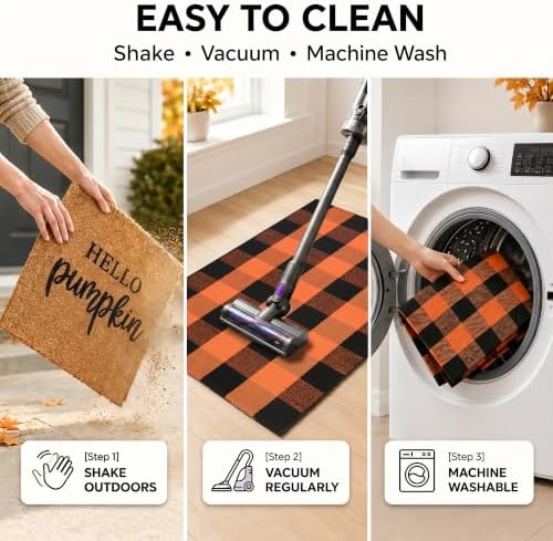 Fall Decor Door Mat Combo Set, 100% Coco Coir Welcome Mat + 28 x 43 Inches Orange and Black Plaid Rug- Fall Thanksgiving Front Porch Entryway Floor Doormat, Indoor Outdoor Autumn Mats Hello Pumpkin - Image 6