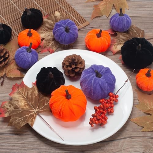 21 PCS Pumpkins Decor Set, 3 Sizes Fake Velvet Pumpkin, Black Purple Orange Small Foam Pumpkin for Halloween Farmhouse Fall Harvest Wedding Mantel Table Centerpiece Kitchen Decor - Image 5