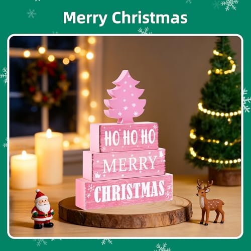 4 Pcs Christmas Wooden Tiered Tray Decor, Pink Merry Christmas Tree Decorations Gifts for Home, Winter Table Centerpiece for Xmas Party Kitchen Office - Image 3