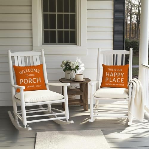 Outdoor Farmhouse Decorative Throw Pillow Covers 20x20 Inch Set of 2 Welcome to Our Porch This is Our Happy Place Orange Cushion Case Spring Fall Decoration for Patio Furniture Couch Decor - Image 2