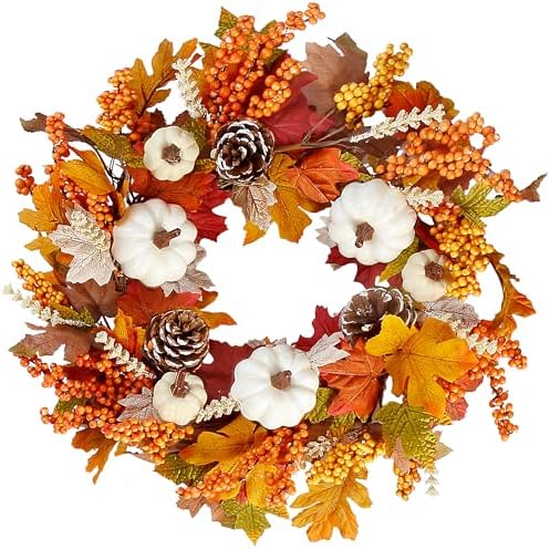 Sggvecsy Fall Wreath 20’’ Autumn Front Door Wreath Harvest Wreath with White Pumpkins Berries Maple Leaves Pine Cones Grain for Outside Indoor Home Wall Festival Thanksgiving Autumn Farmhouse Decor by Sggvecsy