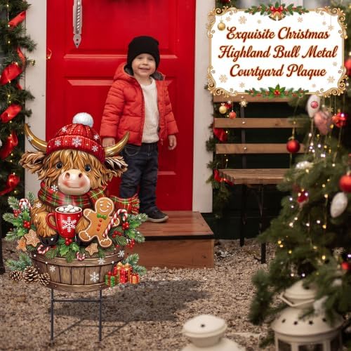 Amyhill Christmas Highland Cow Outdoor Decor Christmas Metal Yard Signs with Stakes Cow Gnomes with Santa Hat Decorative Lawn Sign for Indoor Outside Garden Pathway Walkway Xmas Party Decor - Image 2