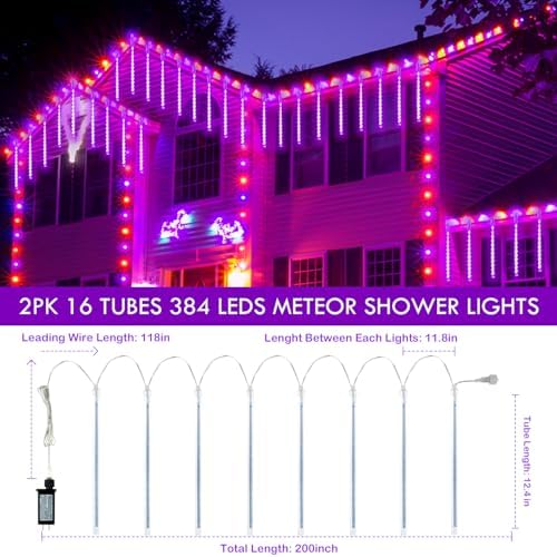 2 Pack Halloween Lights Outdoor 16 Tubes 384LED Meteor Shower Lights Purple - Image 5