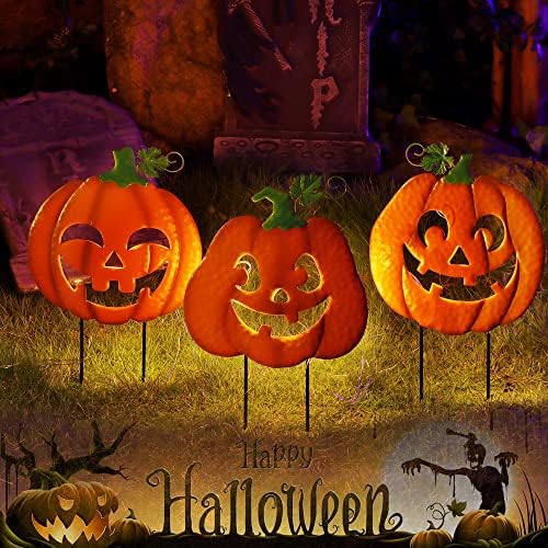 Juegoal 3 Pack Halloween Lighted Pumpkin Garden Stakes, Metal Jack-o-Lantern Light Up Outdoor Decor, Halloween Yard Signs with Battery Powered & Timer, Decorative Pumpkins Figurine for Lawn Pathway by Juegoal