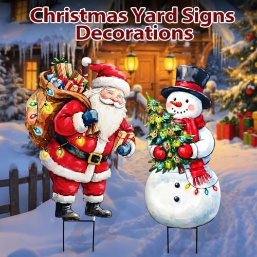 BRIGHTDECK 2 Pack Christmas Snowman Santa Yard Signs Outdoor Decorations - Image 6
