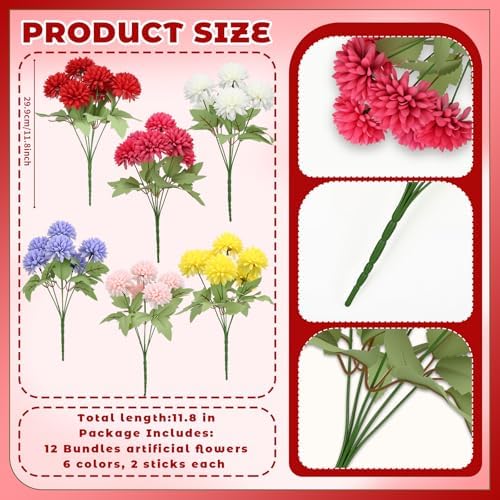 XunYee 12 Pcs Fall Artificial Flowers for Outdoor Faux Mums,Vivid Color - Image 2