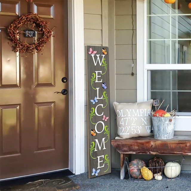 Rustic Butterflies Wood Welcome Porch Sign 20x120cm Welcome Porch Sign Spring Butterfly Flower Decorations for Standing Hanging Home Front Door Yard Party Decor Indoor Outdoor Decor - Image 2