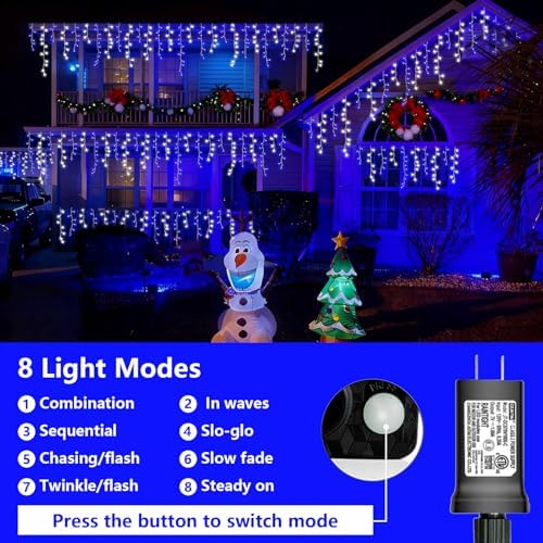 YEGUO 33ft 400 LED Blue and White Icicle Lights Outdoor Waterproof, 80 Drops Icicle String Lights Connectable, 8 Modes Icicle Christmas Lights with Memory Timer - Image 4