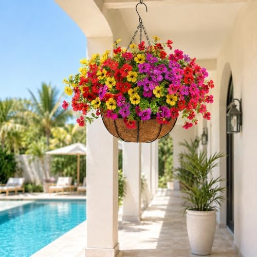 Artificial Hanging Basket, 12 Pcs Mixed Color Mums UV Resistant Outdoor - Image 4