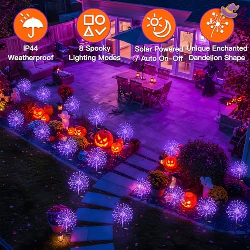 suddus 2 Pack Purple Halloween Lights Outdoor, 150LED Purple Solar Garden Lights with 8 Modes, Waterproof Solar Firework Light for Halloween Yard Garden Decorations - Image 2