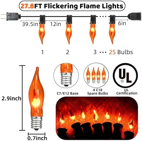 27.8Ft Flickering Flame String Lights, Orange Halloween Lights with 25+4 Pack C7 Orange Flame Light Bulbs, Flame String Lights for Fall Halloween Decorations for Home Party Patio Garden - Image 2