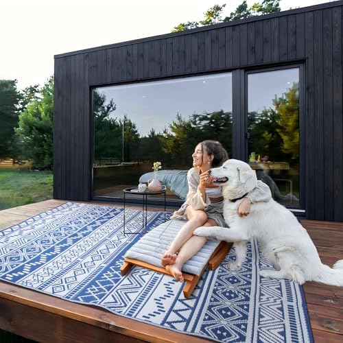 Outdoor Rug 8 x10 ft, Plastic Rug for Patio, Navy & White - Image 3