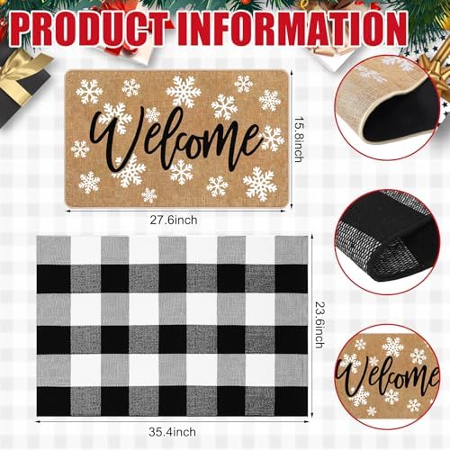 Tinideya 2 Pcs Winter Snowflake Doormats Christmas Layered Welcome Outdoor Door Mats with Buffalo Plaid Front Door Rug Non Slip Floor Mats for Porch Entryway Xmas Holiday Seasonal Decor - Image 2