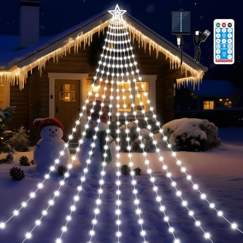 Solar Christmas Decorations Tree Lights Outdoor, 18.37ft 532LED Waterfall String Lights with 8 Modes Timer Remote Xmas Lights USB Powered for Garden Yard Patio Home Holiday Party Decor, Pure White by AMIPEPE