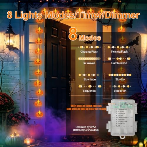 LAMPHOME Halloween String Lights, 16FT 50 LED Pumpkin Battery Operated Lights, 8 Lighting Modes with Timer Orange Jack-O-Lantern Fairy Lights for Indoor Outdoor Halloween Party Yard Decorations - Image 5