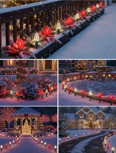 19.5FT Red and White C9 Christmas Pathway Lights, Outdoor LED String Lights with 10 Connectable Bulbs, Waterproof Yard Decor for Walkway, Driveway, Garden, and Holiday Lighting - Image 6