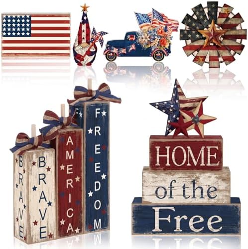 Vercraft 11 Pcs 4th of July Table Decorations Set Patriotic Tiered Tray Decor Retro Red White Blue Wood Block American Flag Decor for 250th Anniversary Independence Day Home Office Shelf by Vercraft