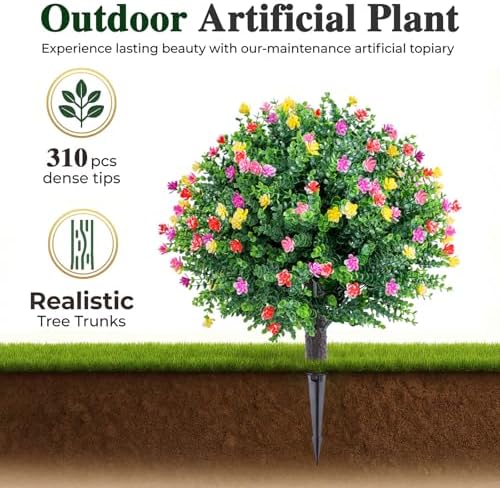 PATIO CHOICE Topiary Trees Artificial Outdoor Boxwood Ball Trees with Ground Spike Set of 2 22" Fake Outdoor Plants Faux Bushes and Shrubs Decorations for Outdoor Indoor Front Porch Garden - Image 2
