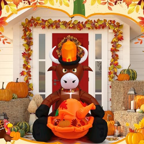 Soulchen 5FT Thanksgiving Inflatable Highland Cow Outdoor Decorations with Pilgrim Hat Maple Holding Turkey Built-in LED Lighted Blow up for Yard Garden Lawn Autumn Holiday Party Decor - Image 4