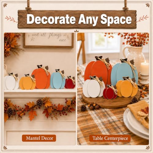 Wooden Pumpkin Fall Decor, 5-Piece Indoor Fall Decorations for Home, Rustic Harvest Autumn Thanksgiving Pumpkin Signs with Wooden Leaves for Tiered Tray, Table, Entryway, Mantel, Shelf, Office Desk - Image 6