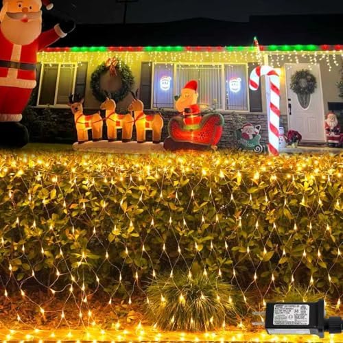 YEGUO Net Lights Outdoor Mesh Lights, 12ft x 5ft 360 LED Warm White String Light Outdoor Waterproof for Pool, 8 Modes Connectable Clear Wire Christmas Bush Light Plug in by YEGUO