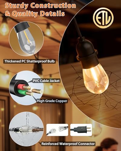 Outdoor String Lights With Lighted Tubing 24 ft, Commercial Grade String Lights with 13 (12+1spare) S14 Edison Bulbs & 72-LED Lighted Tubing, IP65 Waterproof Bistro Light for Patio, 2700K Warm White - Image 3