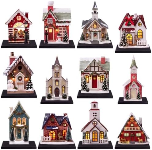 Wesiti 12 Pcs Christmas Table Decorations Wooden Mini Xmas House Church Centerpiece with Black Stands, Tiered Tray Table Topper Decor for Xmas Holiday Party Farmhouse Desktop Display by Unteilti
