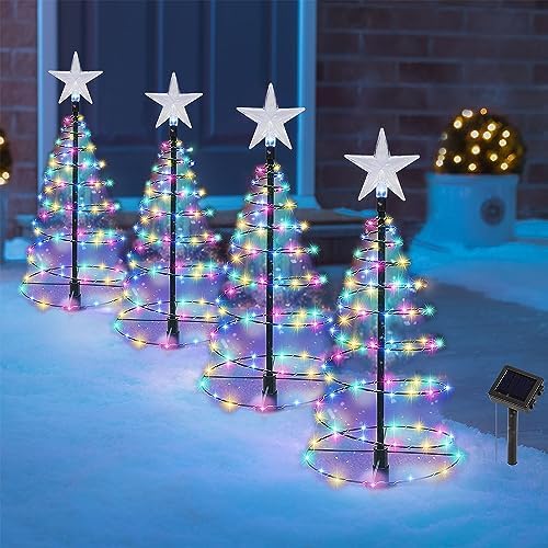 Dynaming 4 Pack Solar Spiral Christmas Trees with Lights, 19" Outdoor Light Up Christmas Pathway Markers with Colorful Lights, Waterproof & Auto On/Off Xmas Decoration for Patio Yard Walkway Driveway by Dynaming