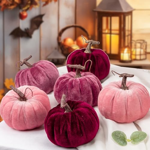 Briful Fall Pumpkins Decoration for Home, 6PCS Velvet Fake Pumpkin Decor for Autumn Harvest Thanksgiving Halloween Party Baby Shower Table Centerpiece Mantel Decoration(4 Inch, Purple/Burgundy/Pink) - Image 7