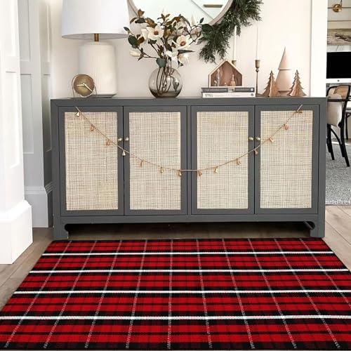 Buffalo Plaid Outdoor Rug, 3' x 5' Christmas Red & Black Check Indoor/Outdoor Area Rug, Layering Rug for Hello/Welcome Door Mat, Machine Washable Cotton Woven Farmhouse Mat for Front Porch Décor - Image 7