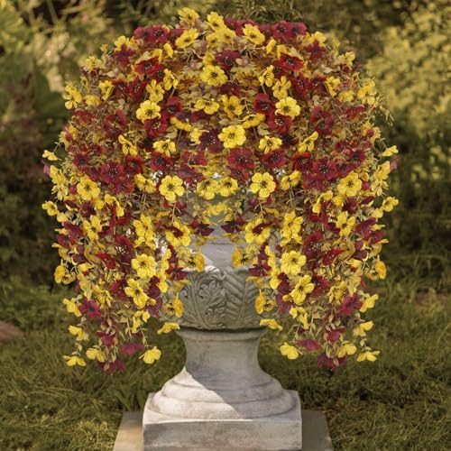 4 Pcs Artificial Mums for Outdoors Fall Hanging Flowers Decorations Faux Silk Daisy Flowers Outside Autumn Burgundy Yellow Faux Mums for Outdoor Planters Home Indoor Porch Yard Decor - Image 4