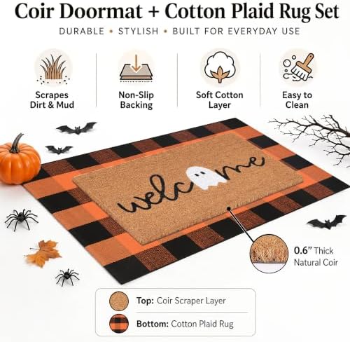 Halloween Decor Doormat Combo Set, Welcome Ghost Coco Coir Welcome Mat + 28" x 43" Orange and Black Plaid Rug, Autumn Halloween Front Porch Entryway Decor Floor Mat - Image 2
