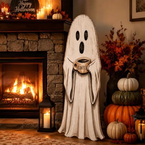Halloween Porch Sign, Coffee Ghost Wooden Front Door Decor - Image 4