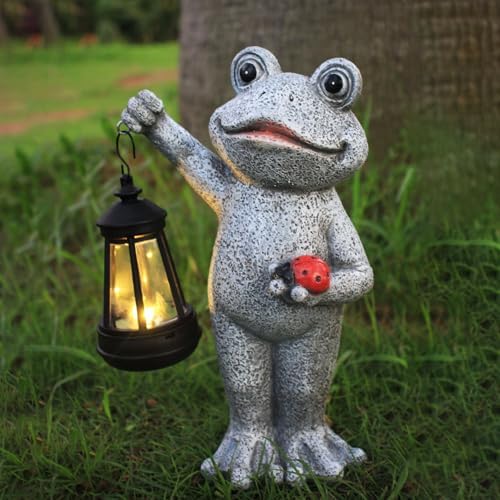 Solar Frog Garden Statue, Resin Figurine with Ladybug & Hanging Solar Lantern Outdoor Decor - Image 3