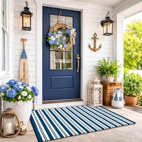 Moucuny Steel Blue and White Stripe Outdoor Rug 2'4''X3'7''Nautical Doormat - Image 4