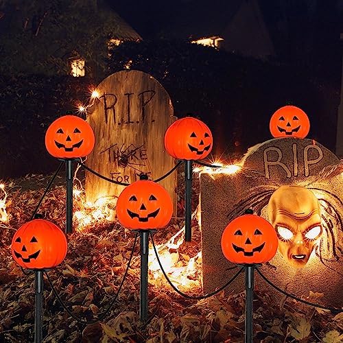 PASUTO 7Ft Halloween Pathway Lights Outdoor Pumpkin Stake Light with 4 Jack-O Lantern Pumpkin Lights and 4 Stakes, for Halloween Outdoor Walkway Pathway Driveway Garden Yard Lawn Light Decor - Image 3